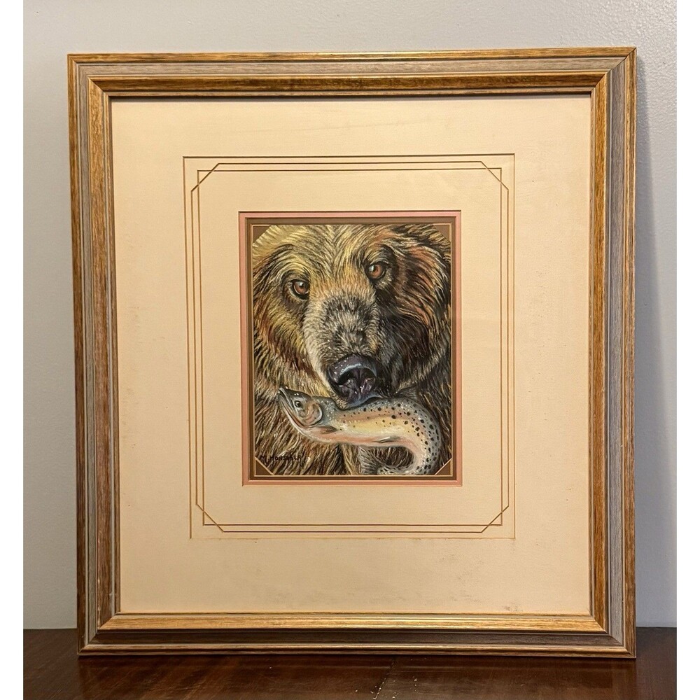 Bear Eating Salmon Pastel Painting, Signed Original, Matted & Framed